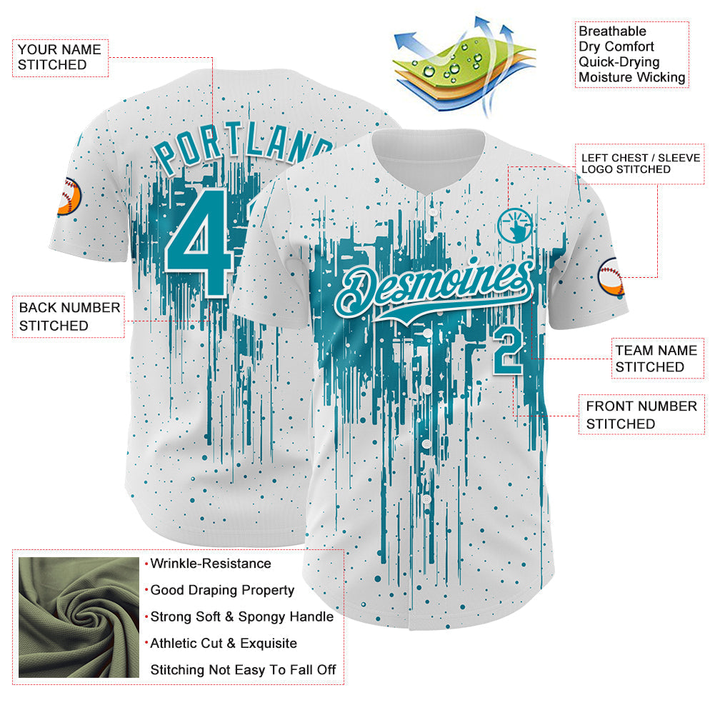Custom White Teal-White Dripping Splatter Paint Authentic Baseball Jersey baseball jersey product view 3