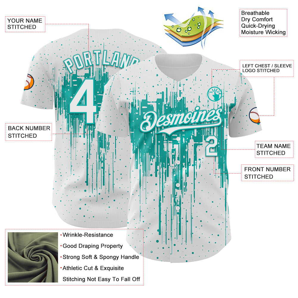 Custom White Aqua Dripping Splatter Paint Authentic Baseball Jersey baseball jersey product view 3