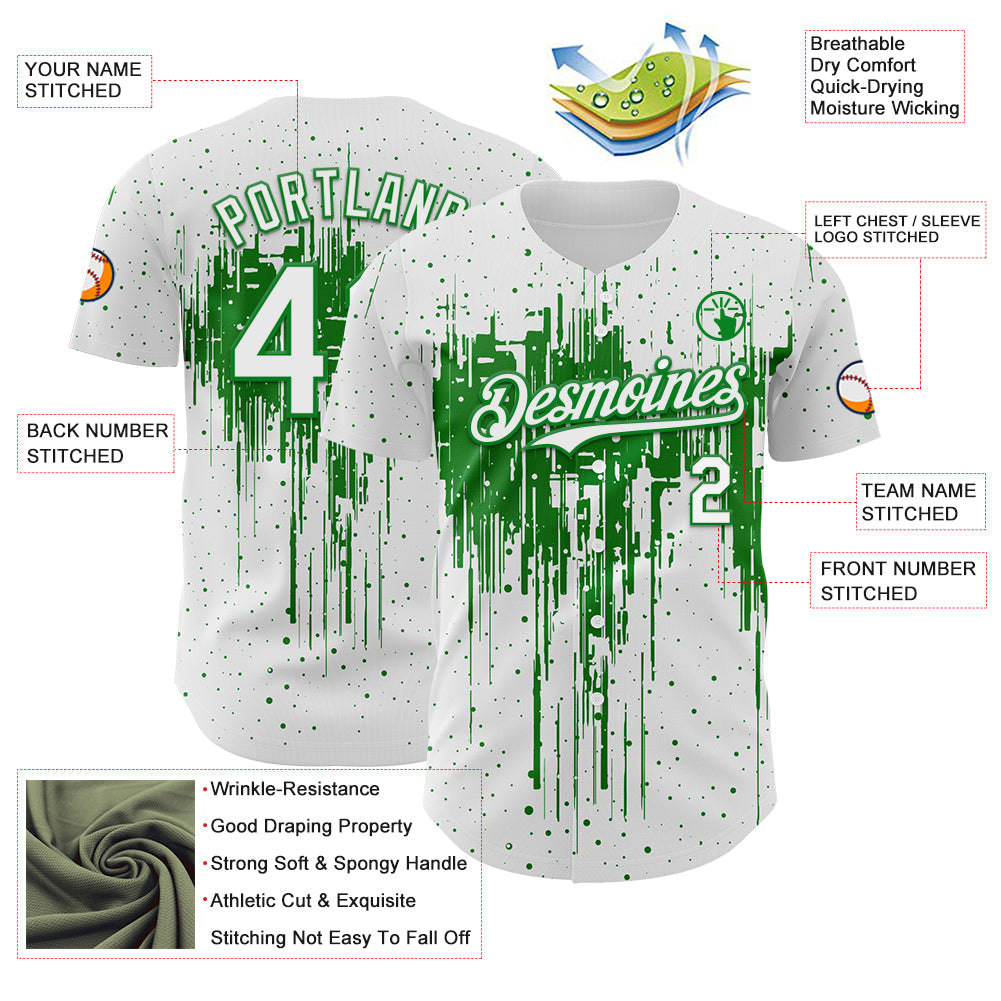 Custom White Grass Green Dripping Splatter Paint Authentic Baseball Jersey baseball jersey product view 3