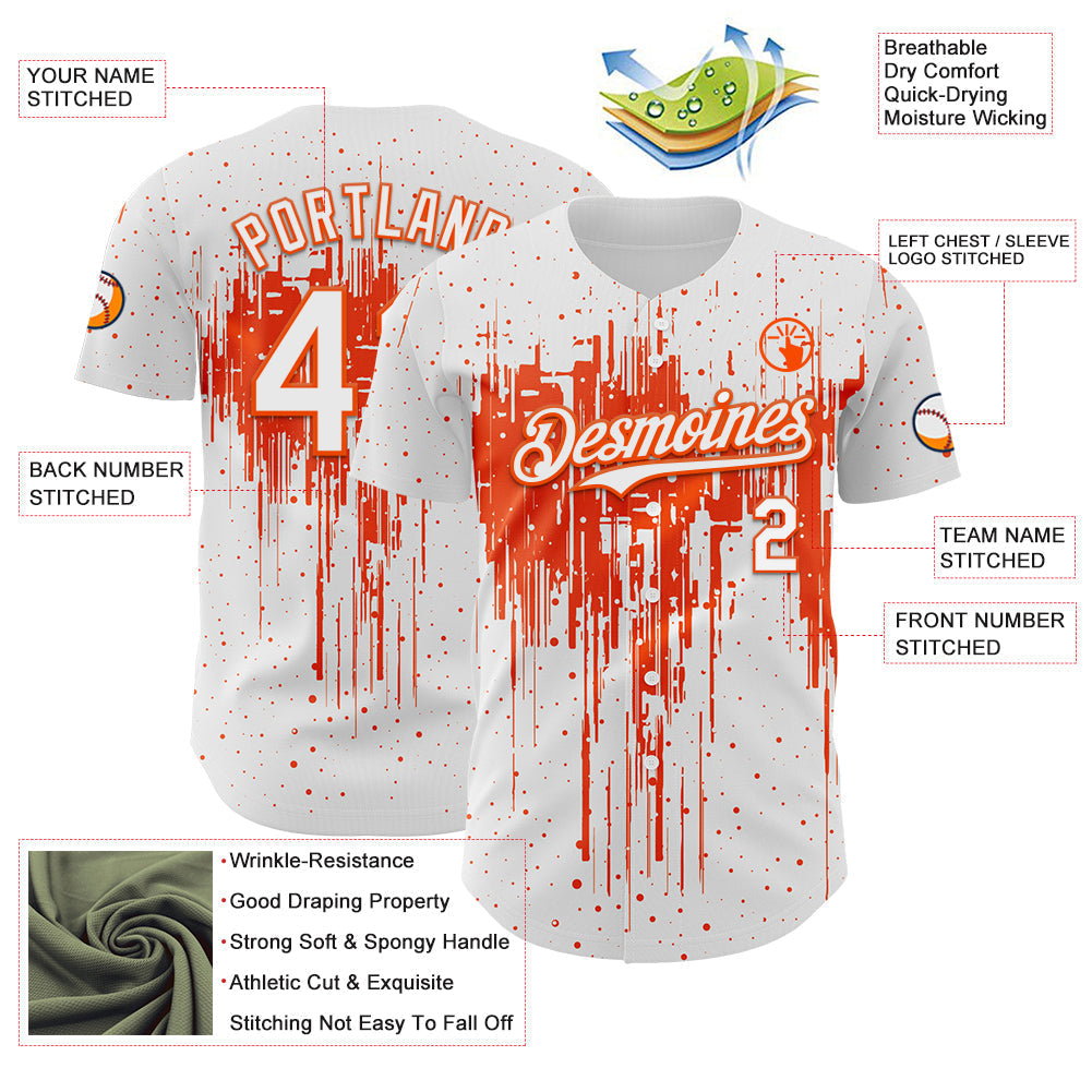 Custom White Orange Dripping Splatter Paint Authentic Baseball Jersey baseball jersey product view 3