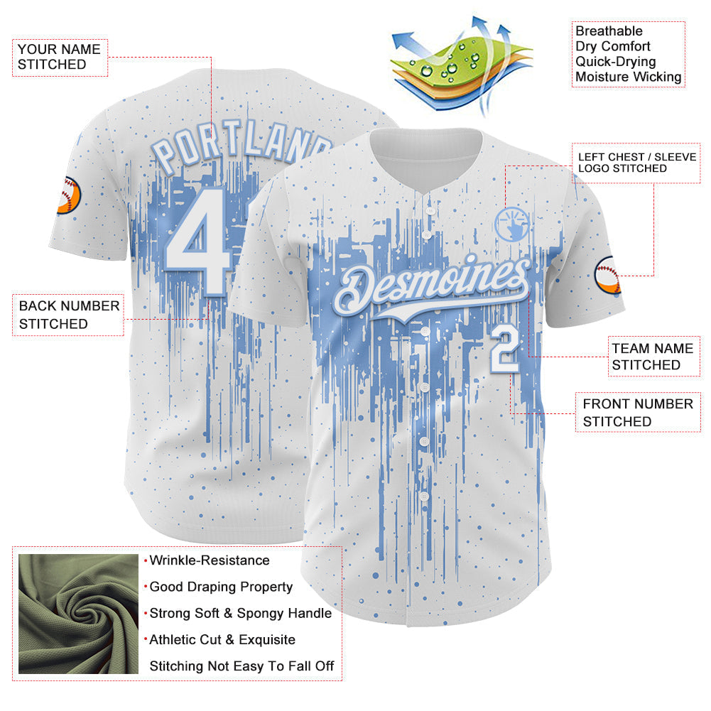 Custom White Light Blue Dripping Splatter Paint Authentic Baseball Jersey baseball jersey product view 3