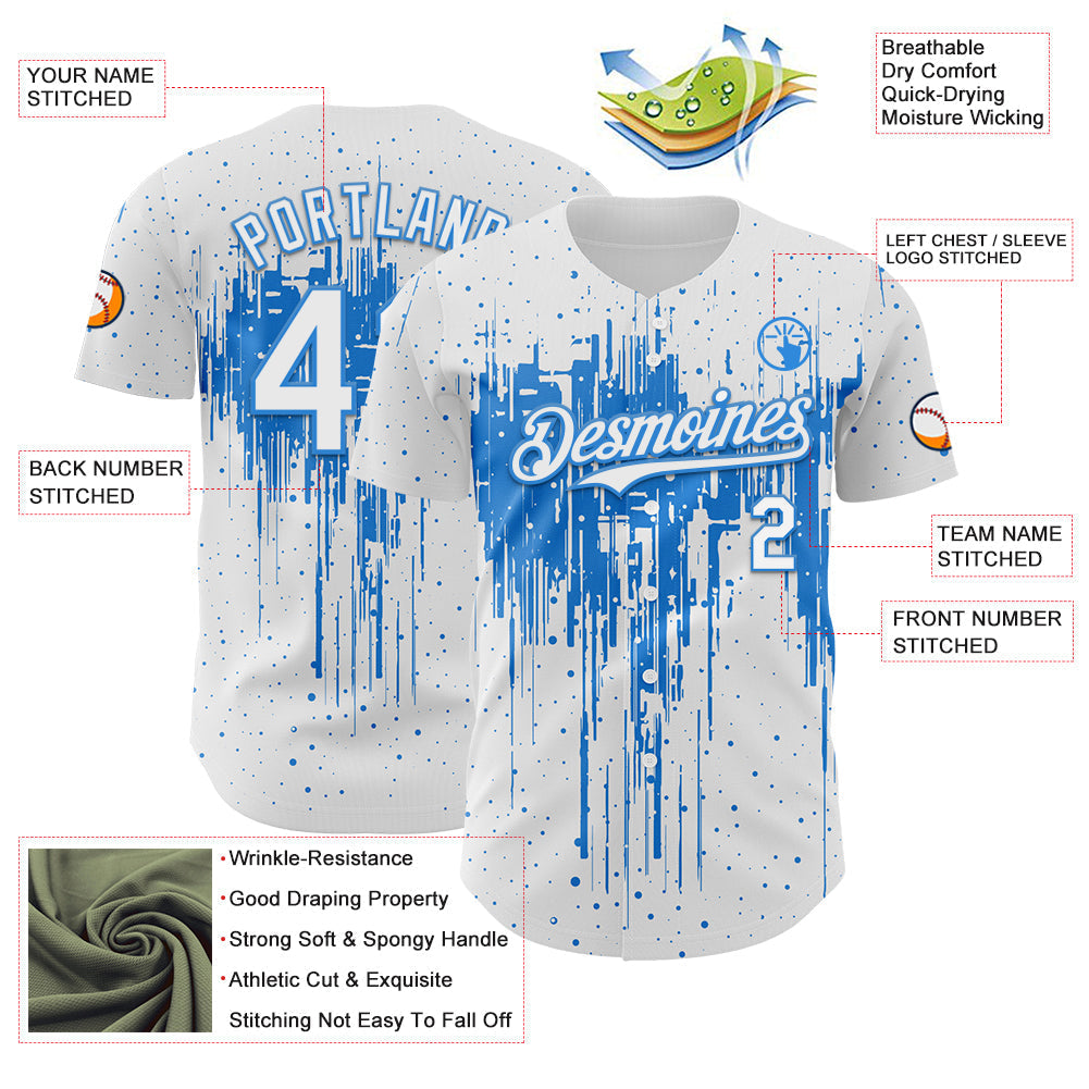 Custom White Powder Blue Dripping Splatter Paint Authentic Baseball Jersey baseball jersey product view 3