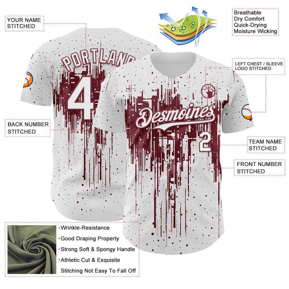 Custom White Burgundy Dripping Splatter Paint Authentic Baseball Jersey baseball jersey product view 3