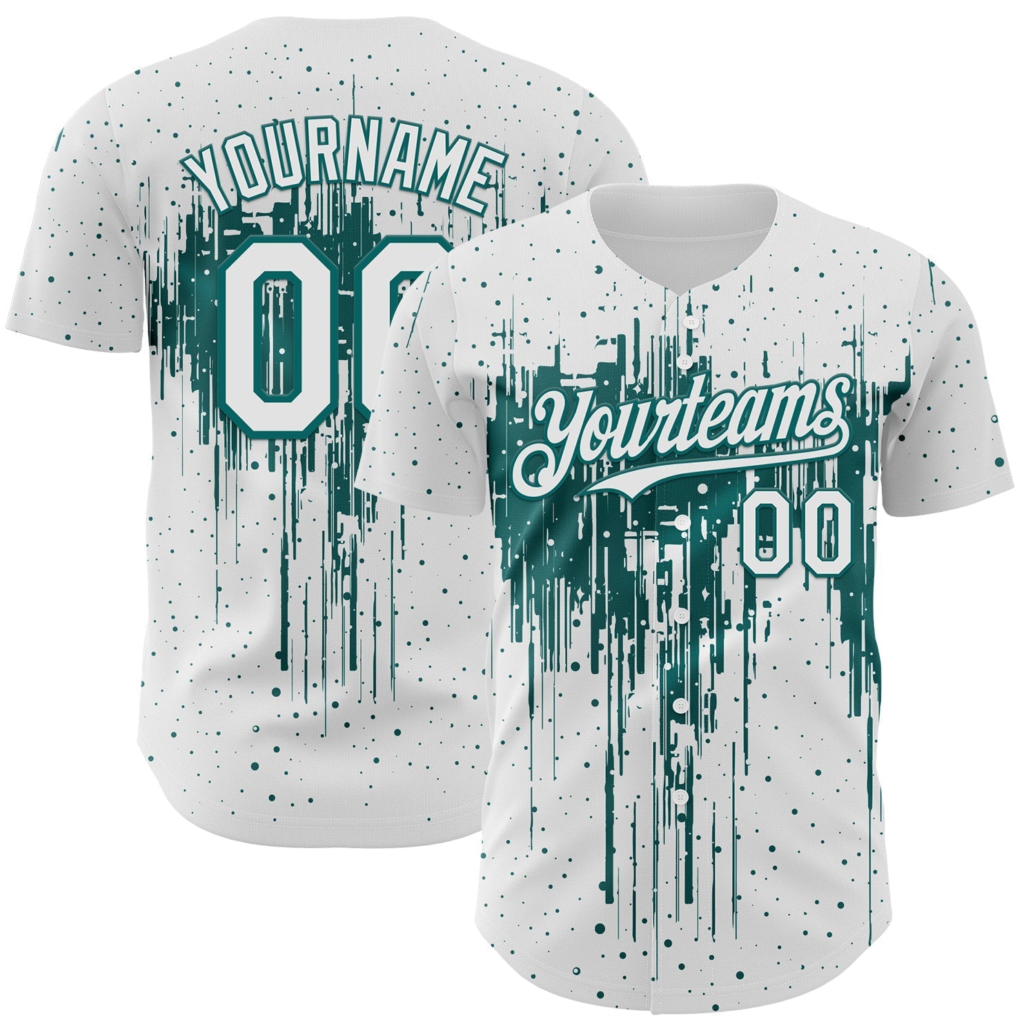 Custom White Teal Dripping Splatter Paint Authentic Baseball Jersey baseball jersey product view 1