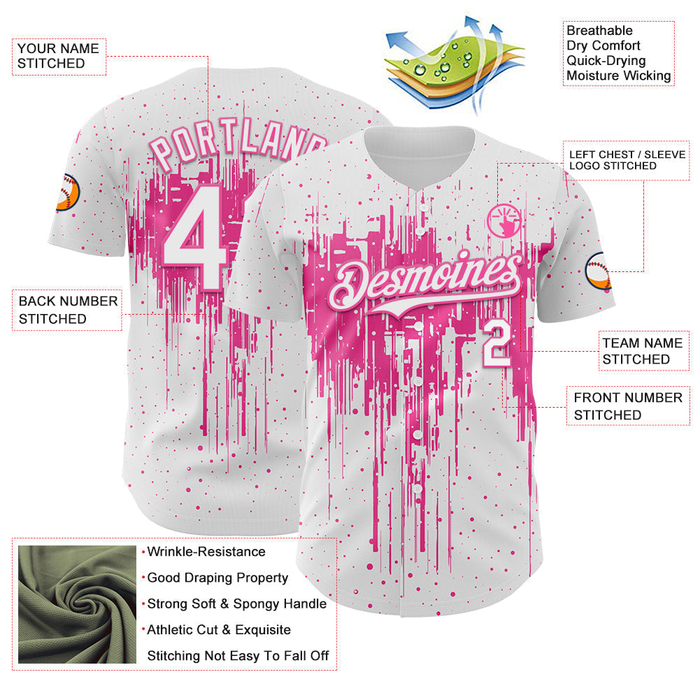 Custom White Pink Dripping Splatter Paint Authentic Baseball Jersey baseball jersey product view 3