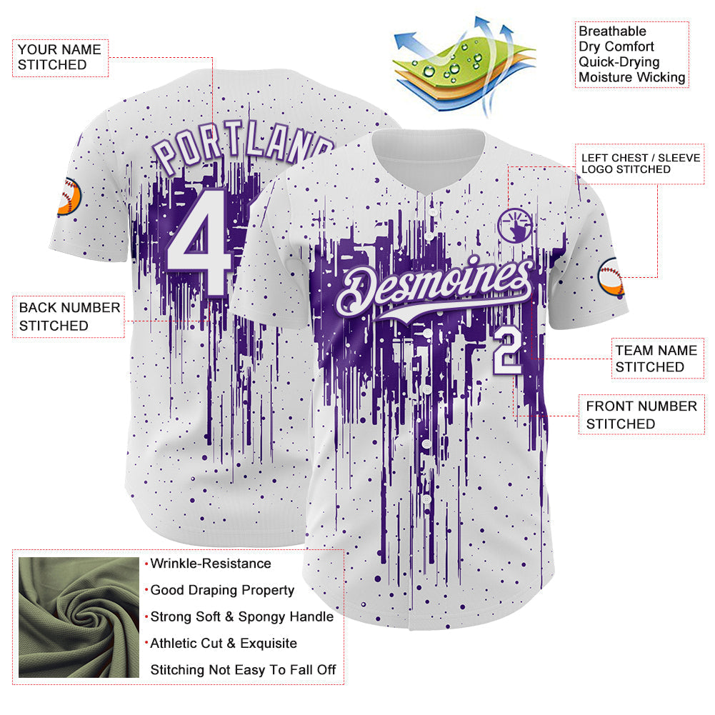 Custom White Purple Dripping Splatter Paint Authentic Baseball Jersey baseball jersey product view 3