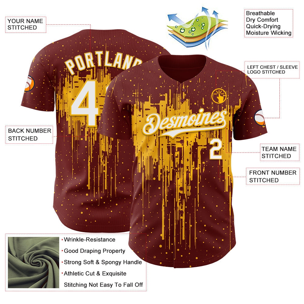 Custom Burgundy White-Gold Dripping Splatter Paint Authentic Baseball Jersey baseball jersey product view 3