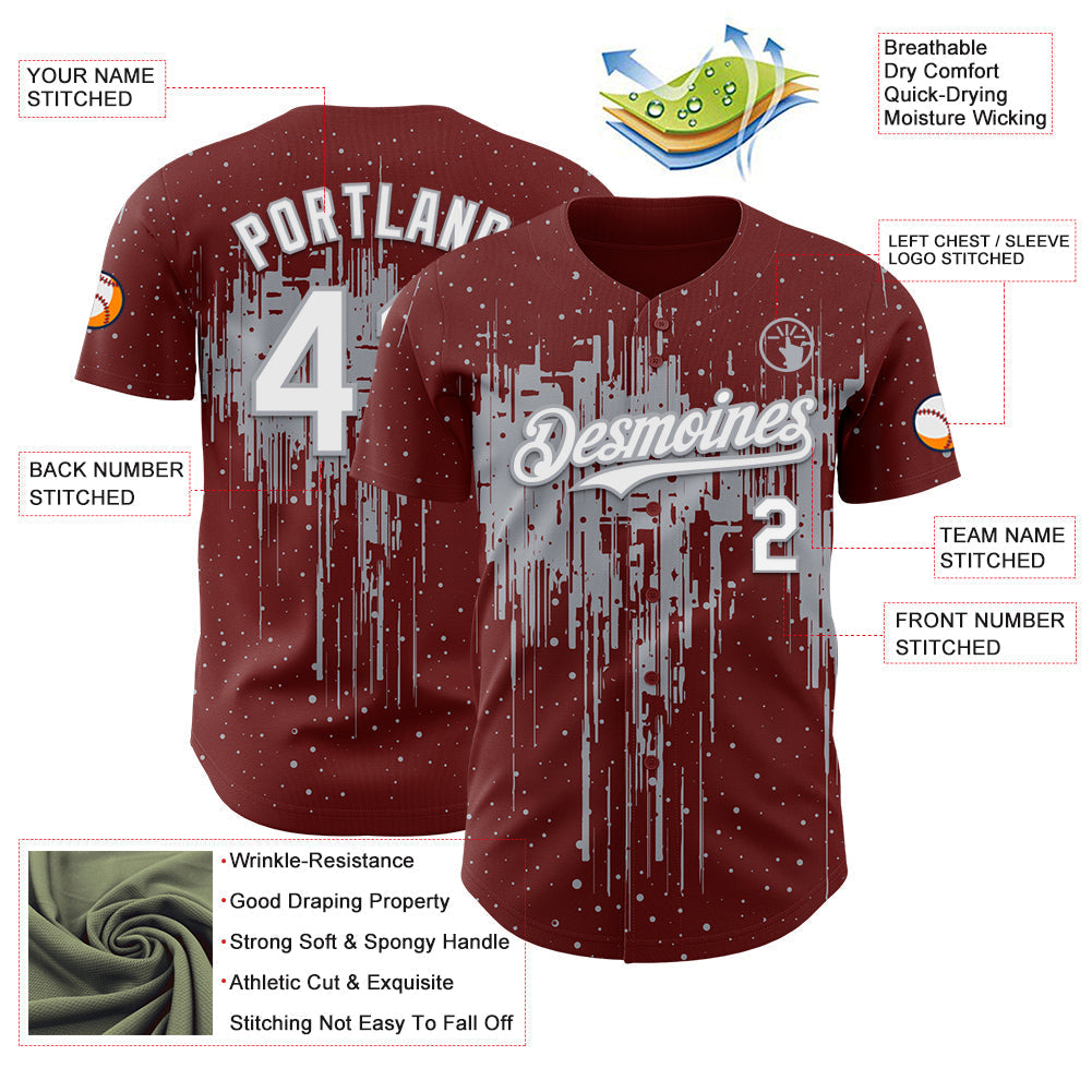 Custom Burgundy White-Gray Dripping Splatter Paint Authentic Baseball Jersey baseball jersey product view 3