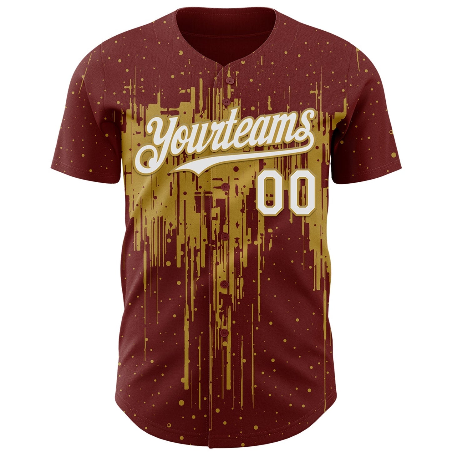Custom Burgundy White-Old Gold Dripping Splatter Paint Authentic Baseball Jersey baseball jersey product view 2