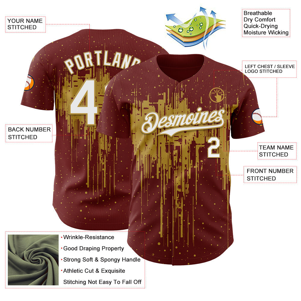 Custom Burgundy White-Old Gold Dripping Splatter Paint Authentic Baseball Jersey baseball jersey product view 3