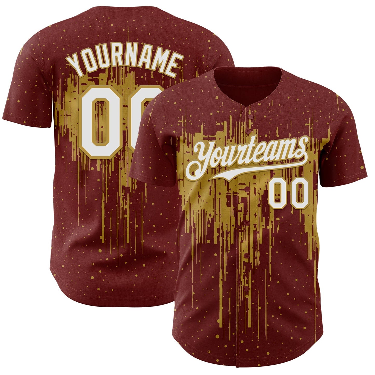 Custom Burgundy White-Old Gold Dripping Splatter Paint Authentic Baseball Jersey baseball jersey product view 1