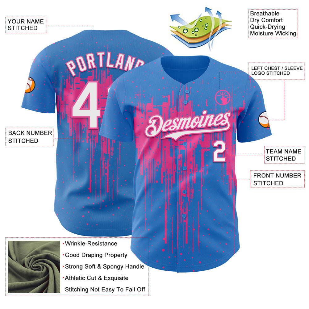 Custom Powder Blue White-Pink Dripping Splatter Paint Authentic Baseball Jersey baseball jersey product view 3