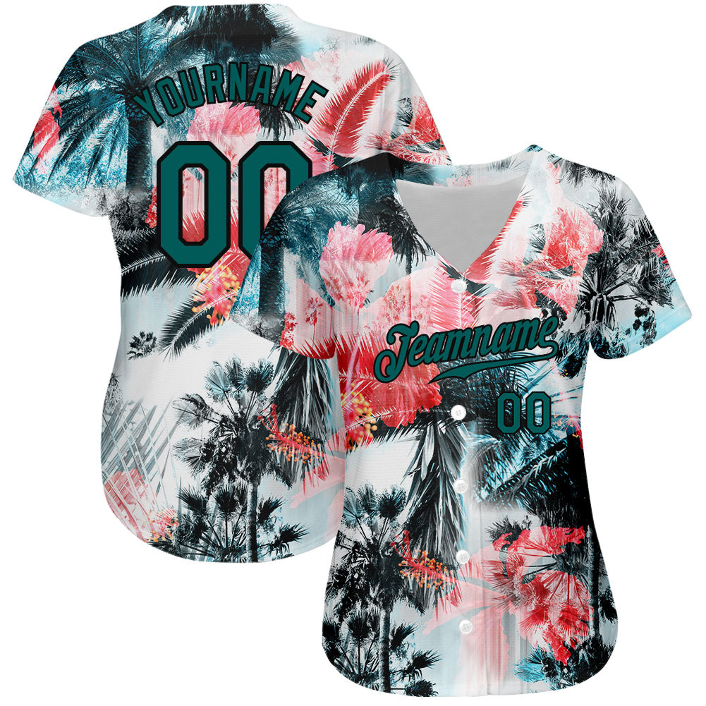 Custom White Midnight Green-Black 3D Pattern Design Hawaii Palm Trees Authentic Baseball Jersey baseball jersey product view 2