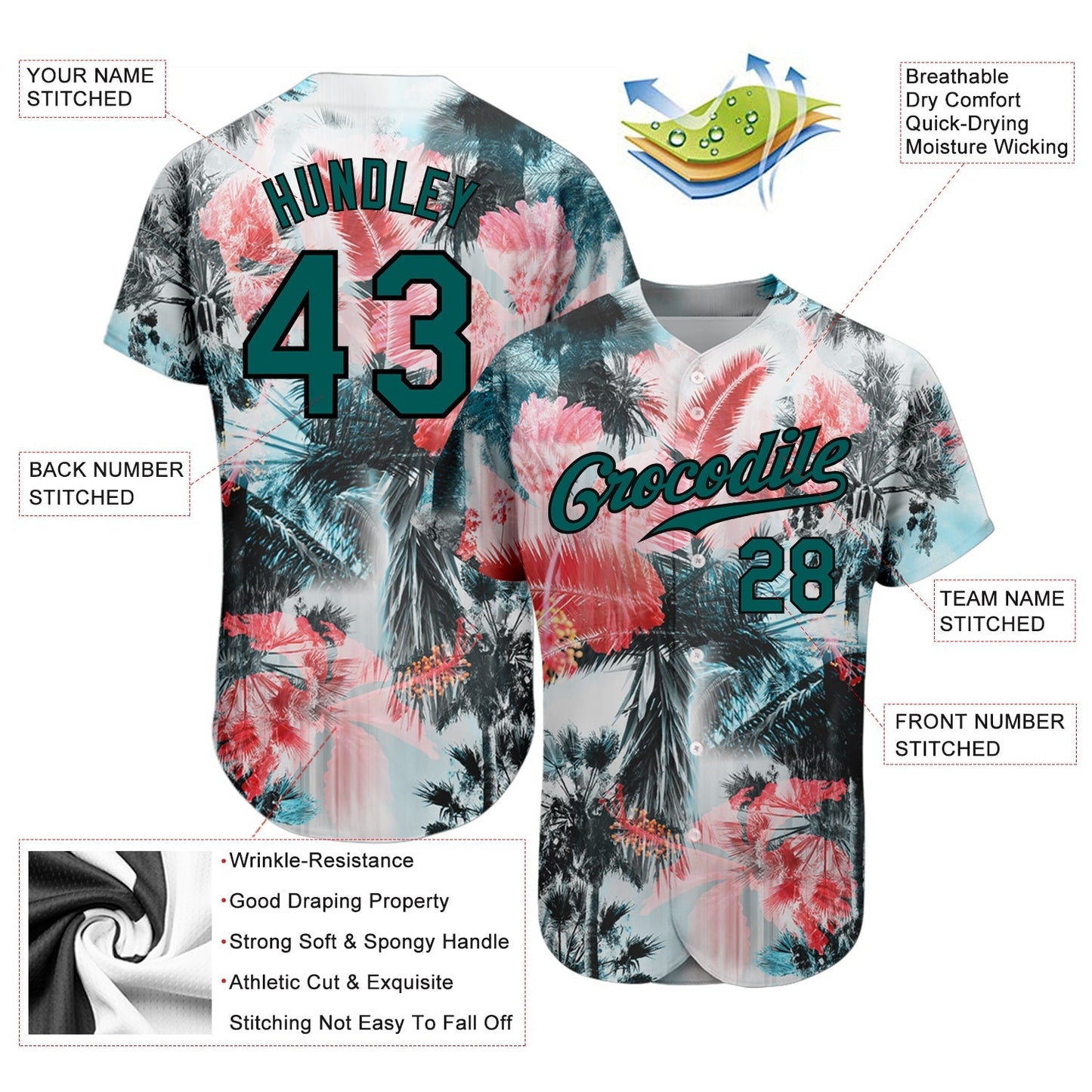 Custom White Midnight Green-Black 3D Pattern Design Hawaii Palm Trees Authentic Baseball Jersey baseball jersey product view 3