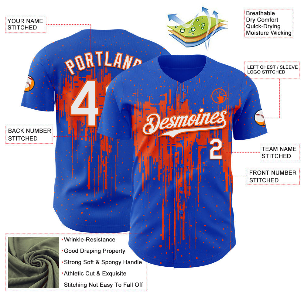 Custom Thunder Blue White-Orange Dripping Splatter Paint Authentic Baseball Jersey baseball jersey product view 3