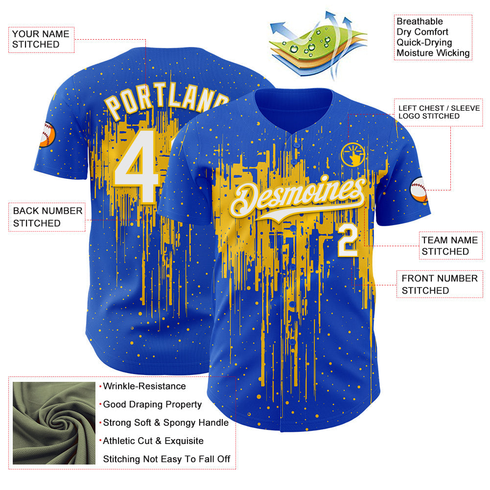Custom Thunder Blue White-Yellow Dripping Splatter Paint Authentic Baseball Jersey baseball jersey product view 3