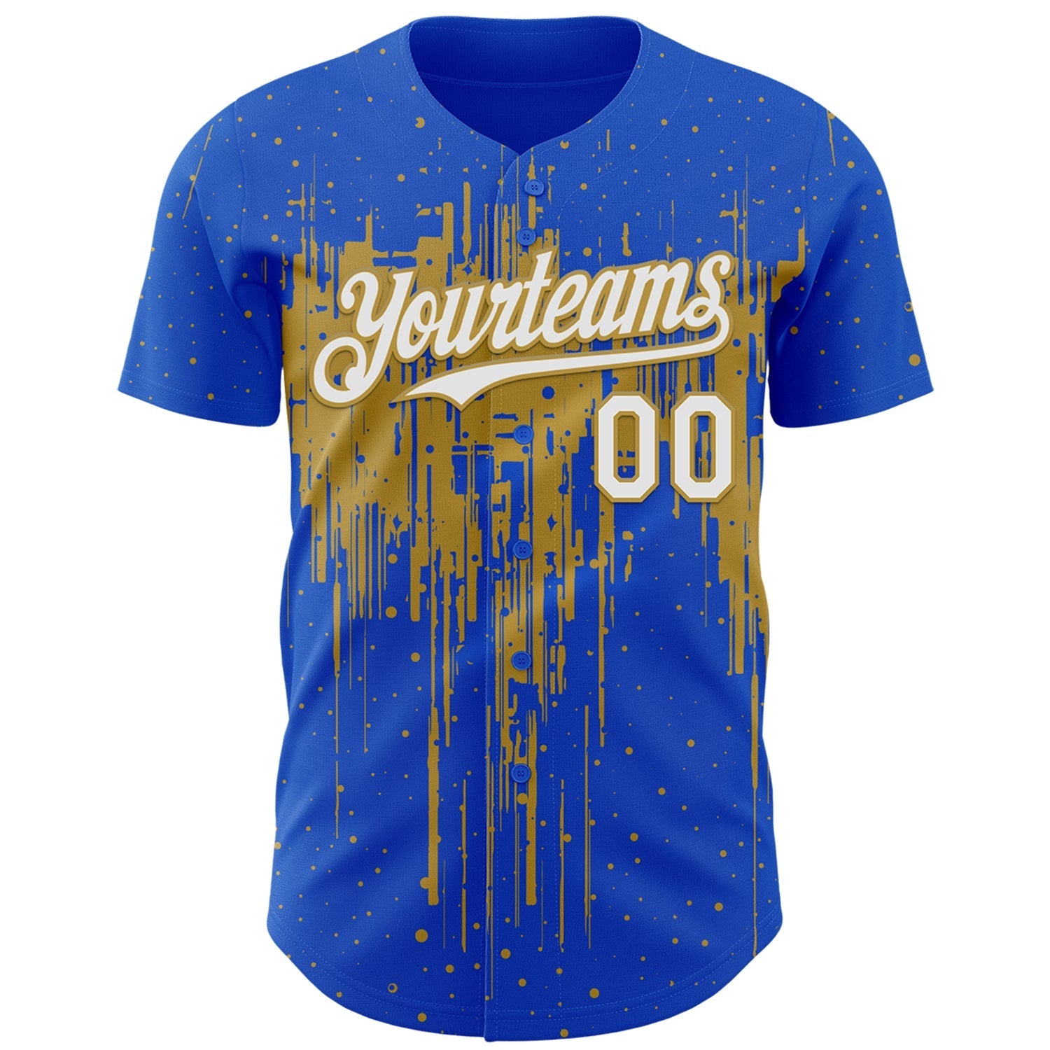 Custom Thunder Blue White-Old Gold Dripping Splatter Paint Authentic Baseball Jersey baseball jersey product view 2