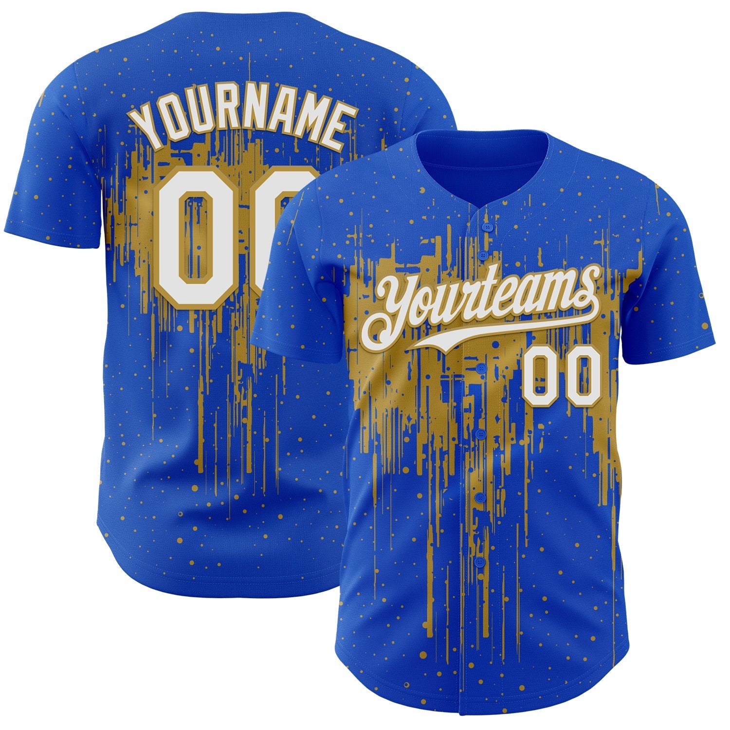 Custom Thunder Blue White-Old Gold Dripping Splatter Paint Authentic Baseball Jersey baseball jersey product view 1