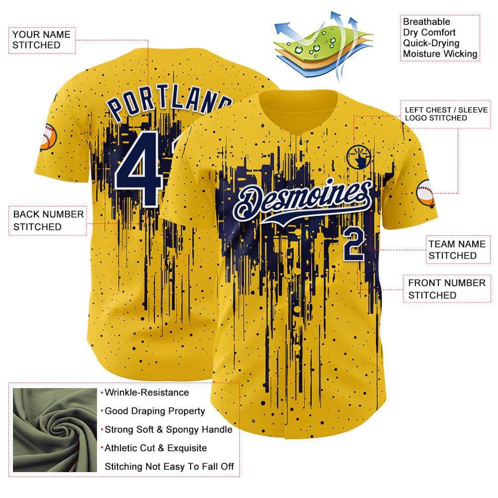 Custom Yellow Navy-White Dripping Splatter Paint Authentic Baseball Jersey baseball jersey product view 3