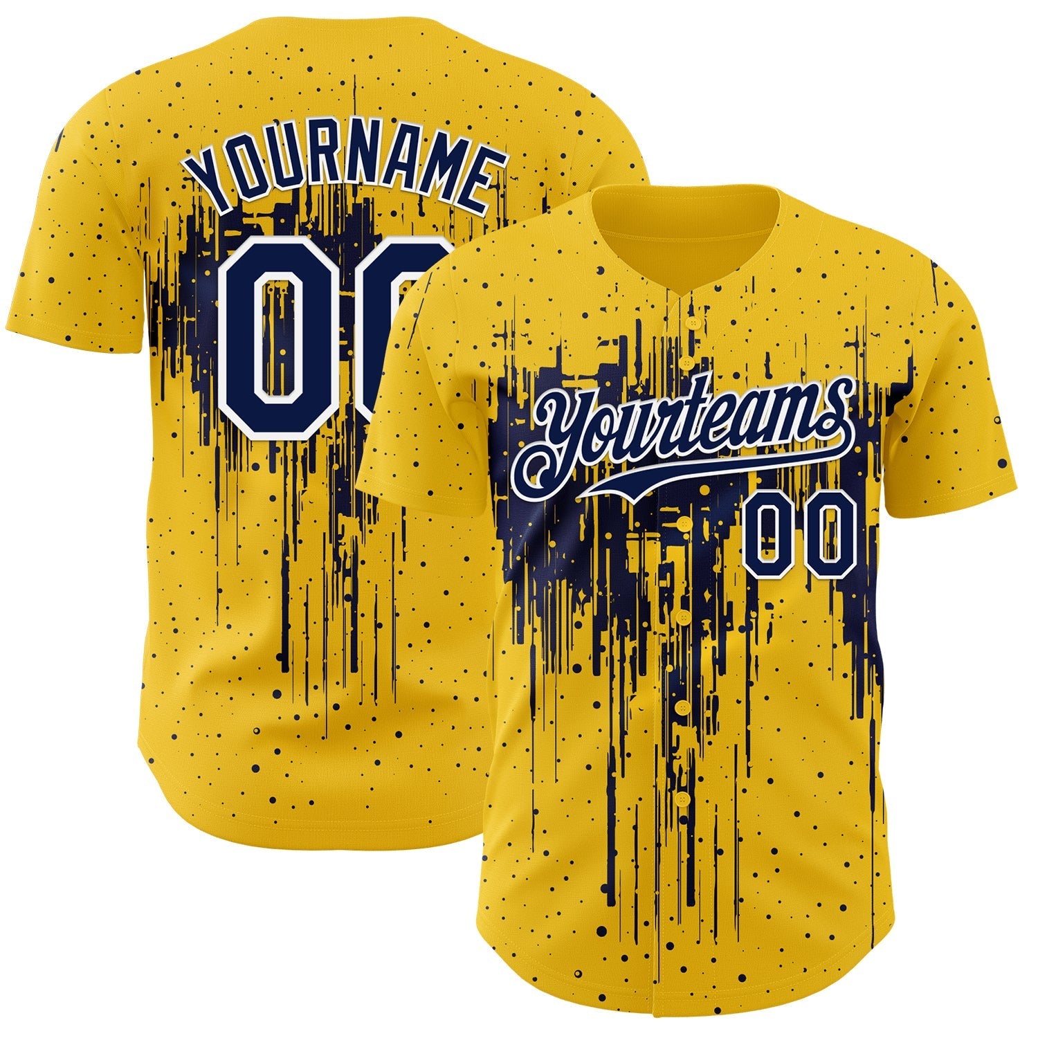 Custom Yellow Navy-White Dripping Splatter Paint Authentic Baseball Jersey baseball jersey product view 1