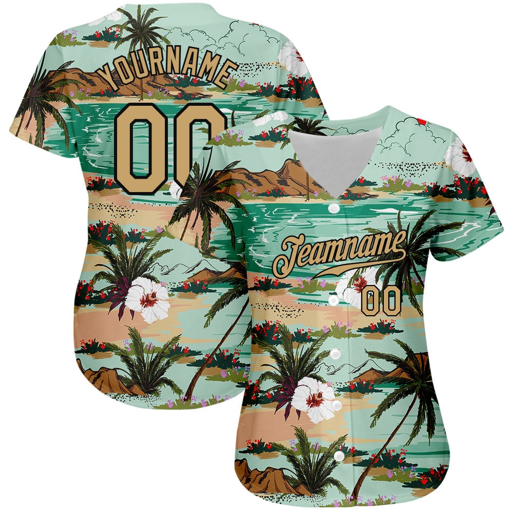 Custom Aqua Old Gold-Black 3D Pattern Design Hawaii Palm Trees And Flowers Authentic Baseball Jersey baseball jersey product view 2