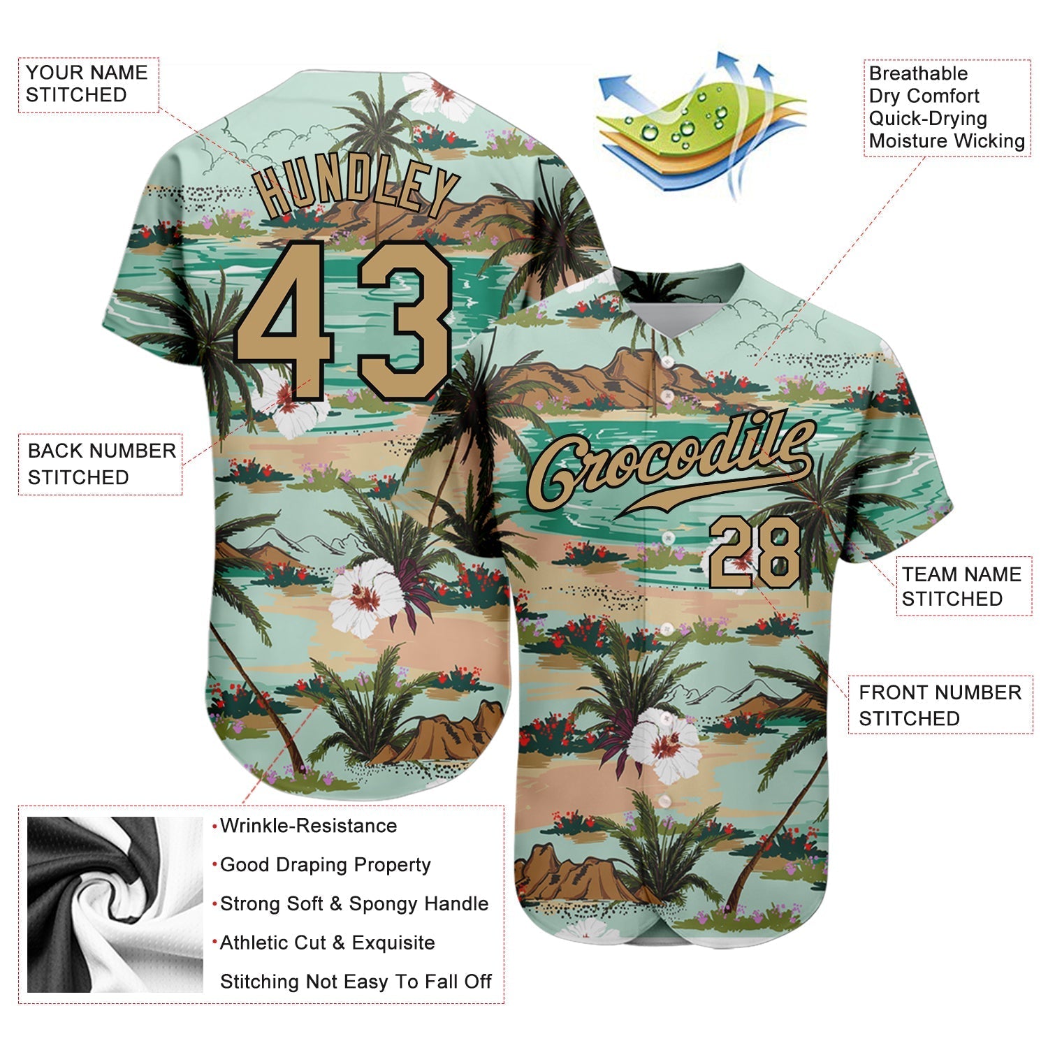 Custom Aqua Old Gold-Black 3D Pattern Design Hawaii Palm Trees And Flowers Authentic Baseball Jersey baseball jersey product view 3