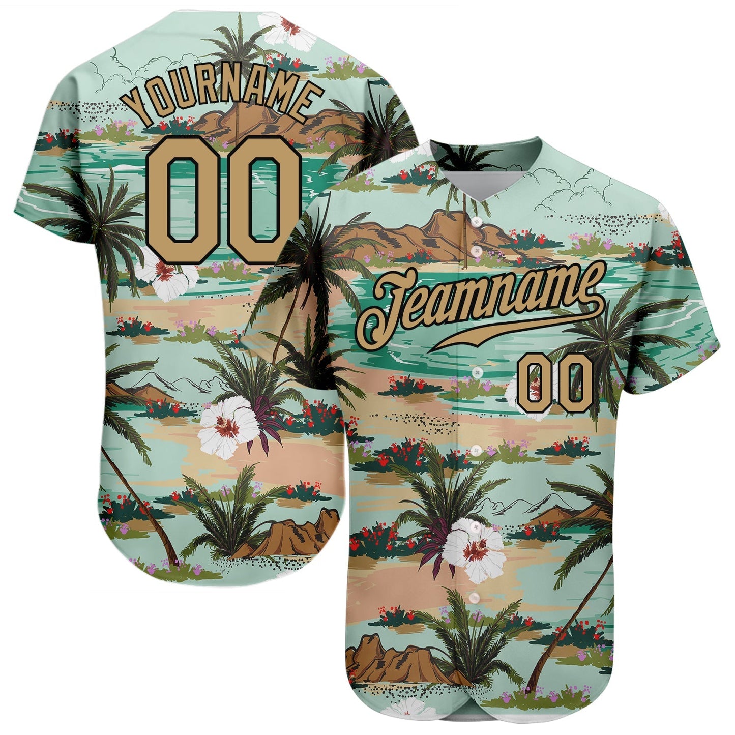 Custom Aqua Old Gold-Black 3D Pattern Design Hawaii Palm Trees And Flowers Authentic Baseball Jersey baseball jersey product view 1
