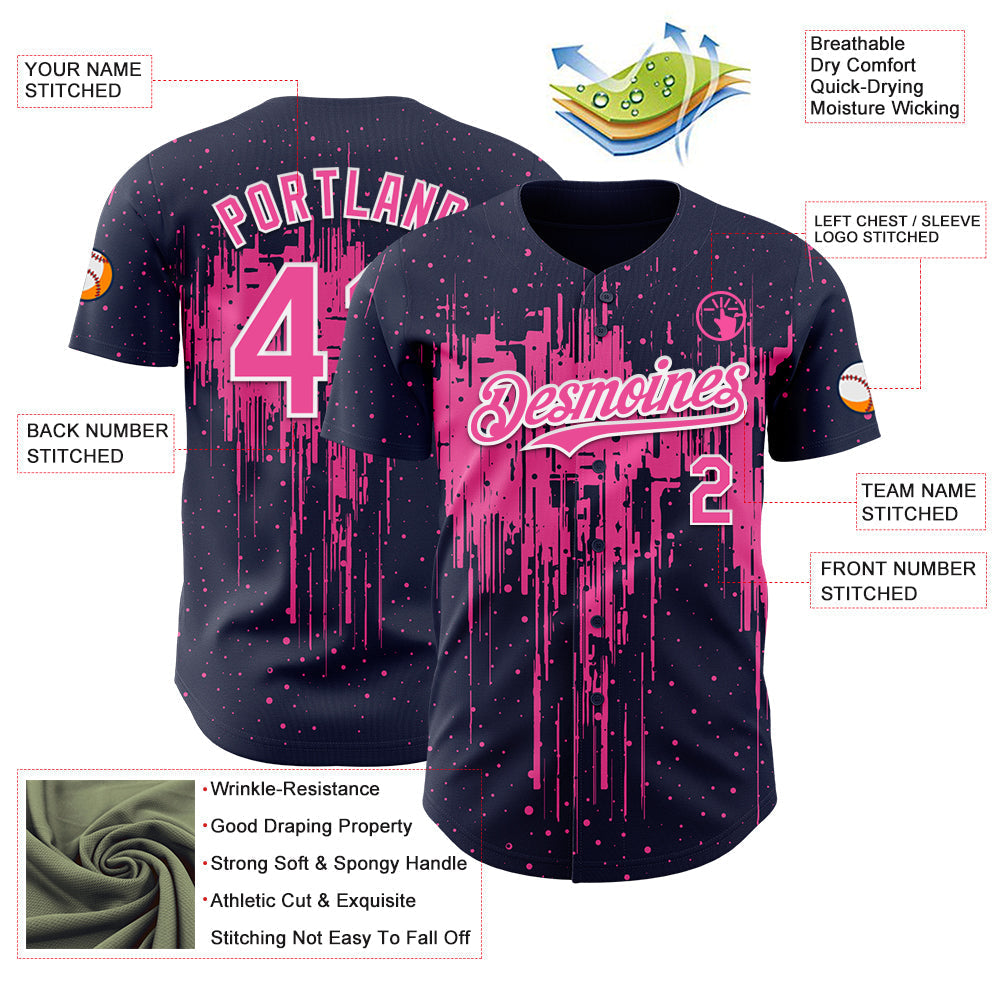 Custom Navy Pink-White Dripping Splatter Paint Authentic Baseball Jersey baseball jersey product view 3