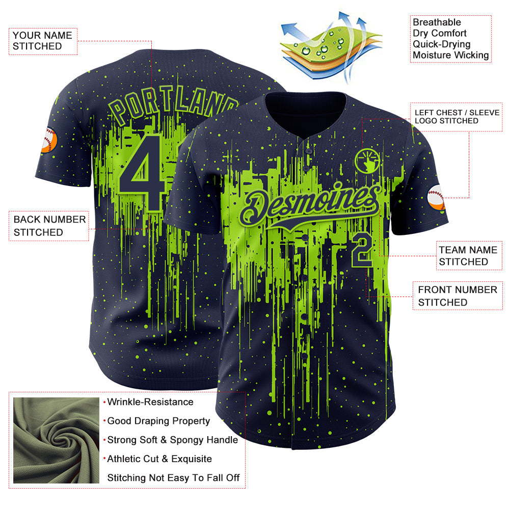 Custom Navy Neon Green Dripping Splatter Paint Authentic Baseball Jersey baseball jersey product view 3
