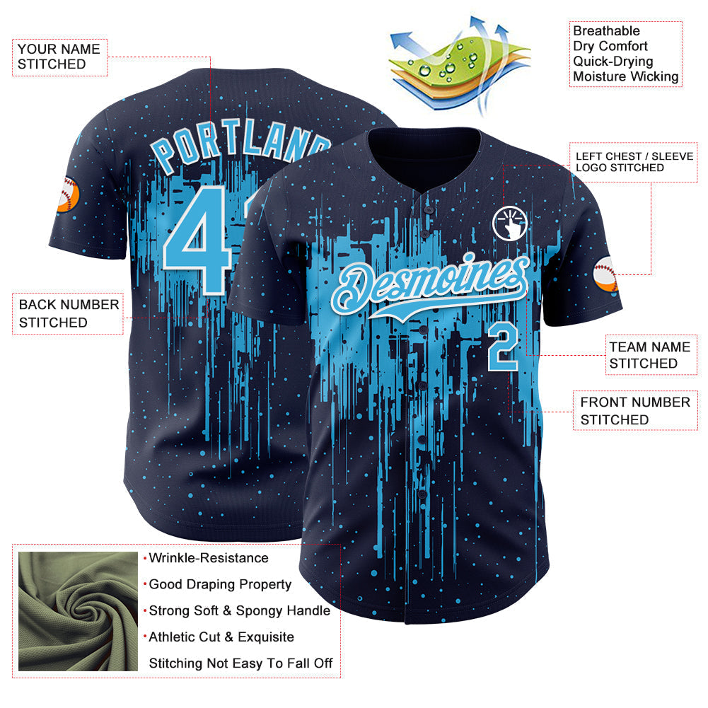 Custom Navy Sky Blue-White Dripping Splatter Paint Authentic Baseball Jersey baseball jersey product view 3