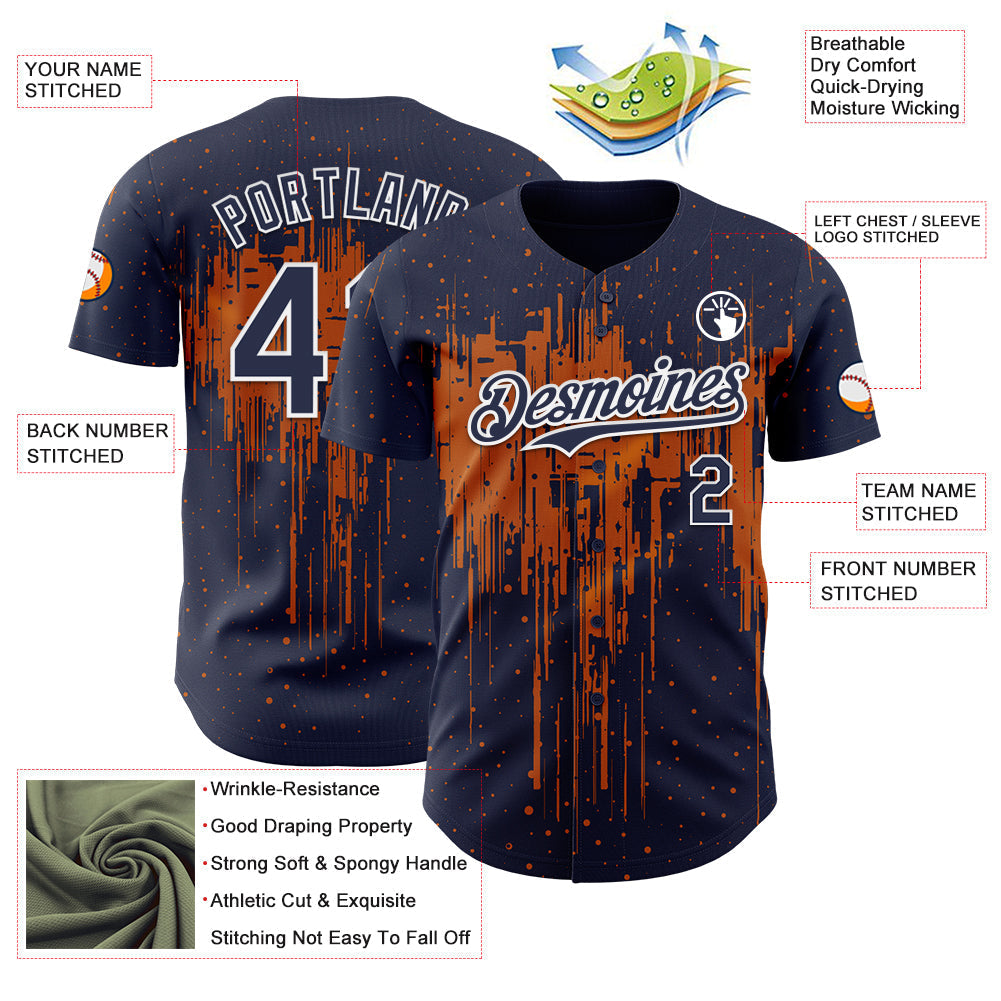 Custom Navy White-Bay Orange Dripping Splatter Paint Authentic Baseball Jersey baseball jersey product view 3