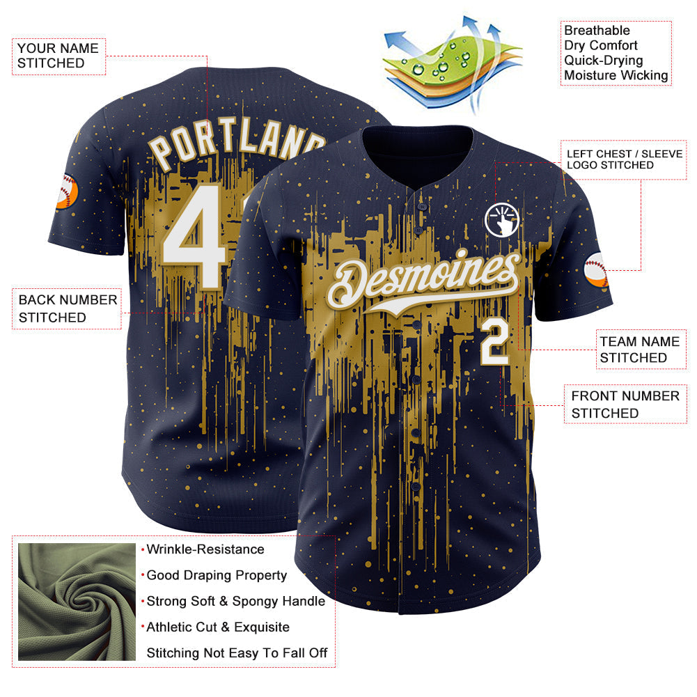 Custom Navy White-Old Gold Dripping Splatter Paint Authentic Baseball Jersey baseball jersey product view 3