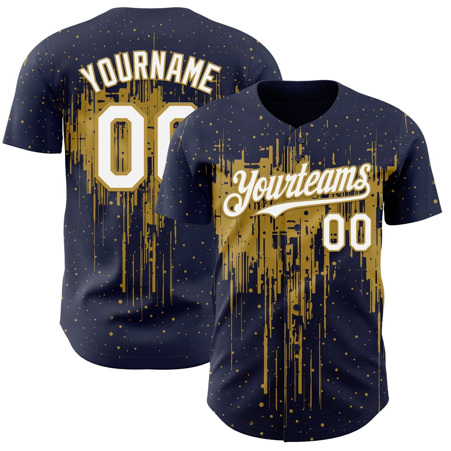 Custom Navy White-Old Gold Dripping Splatter Paint Authentic Baseball Jersey baseball jersey product view 1