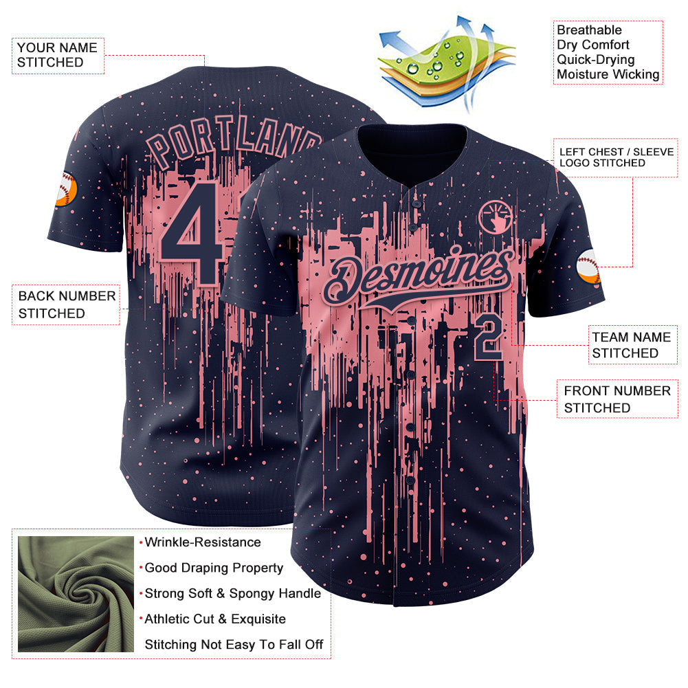 Custom Navy Medium Pink Dripping Splatter Paint Authentic Baseball Jersey baseball jersey product view 3