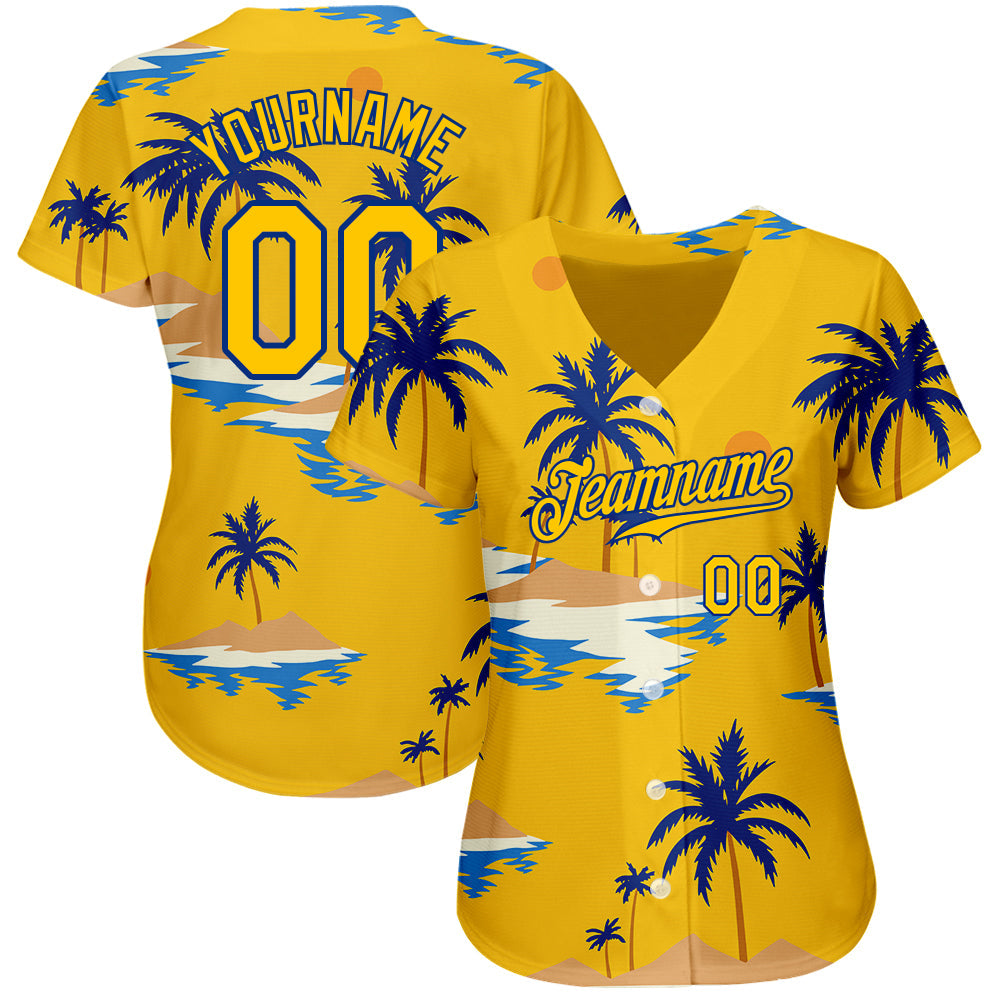 Custom Yellow Royal 3D Pattern Design Sun Beach Hawaii Palm Trees Authentic Baseball Jersey baseball jersey product view 2