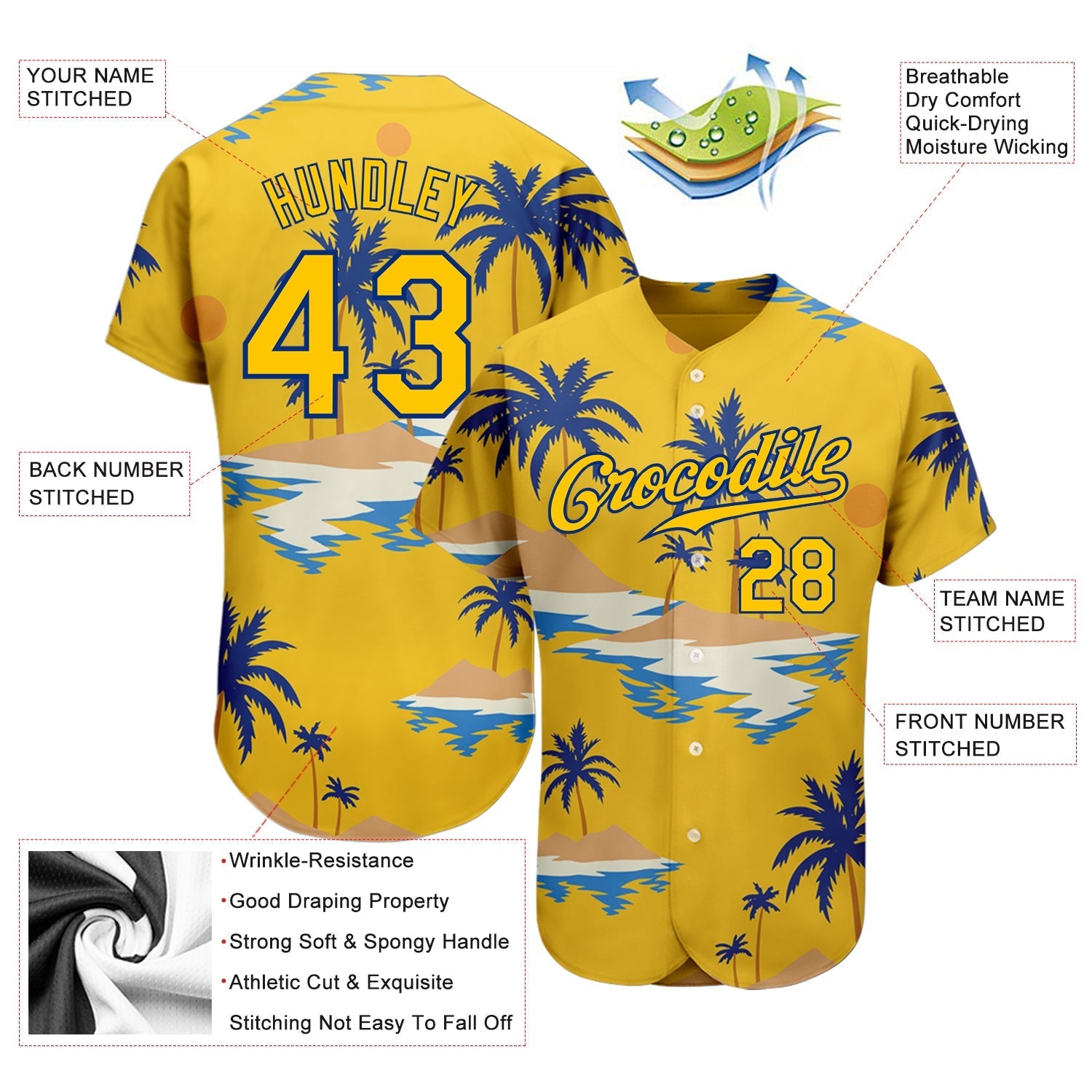 Custom Yellow Royal 3D Pattern Design Sun Beach Hawaii Palm Trees Authentic Baseball Jersey baseball jersey product view 3