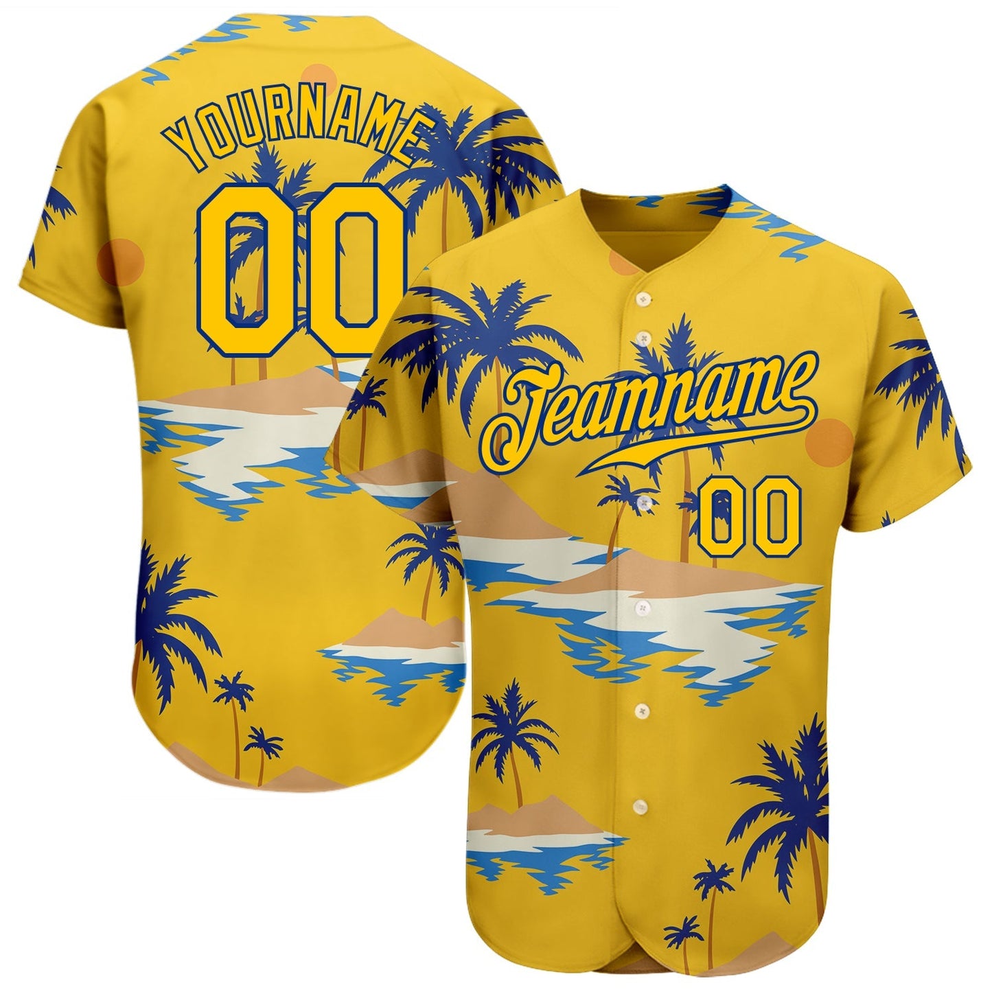 Custom Yellow Royal 3D Pattern Design Sun Beach Hawaii Palm Trees Authentic Baseball Jersey baseball jersey product view 1