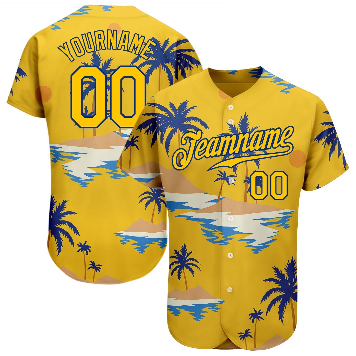 Custom Yellow Royal 3D Pattern Design Sun Beach Hawaii Palm Trees Authentic Baseball Jersey baseball jersey product view 1