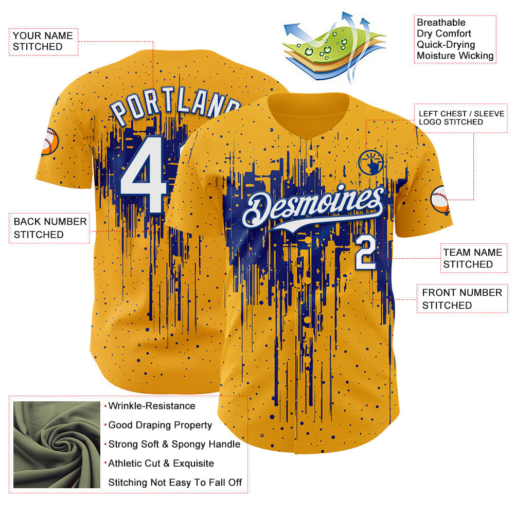 Custom Gold White-Royal Dripping Splatter Paint Authentic Baseball Jersey baseball jersey product view 3