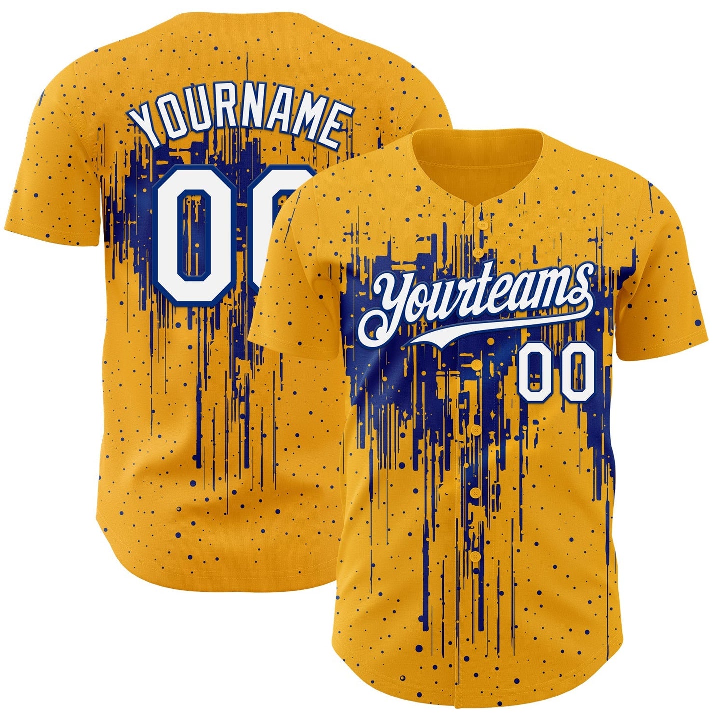 Custom Gold White-Royal Dripping Splatter Paint Authentic Baseball Jersey baseball jersey product view 1