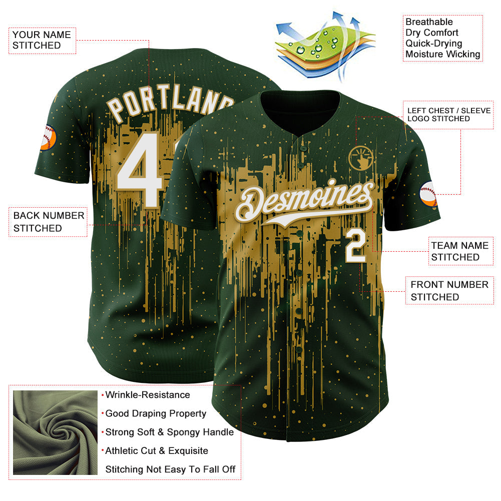 Custom Green White-Old Gold Dripping Splatter Paint Authentic Baseball Jersey baseball jersey product view 3