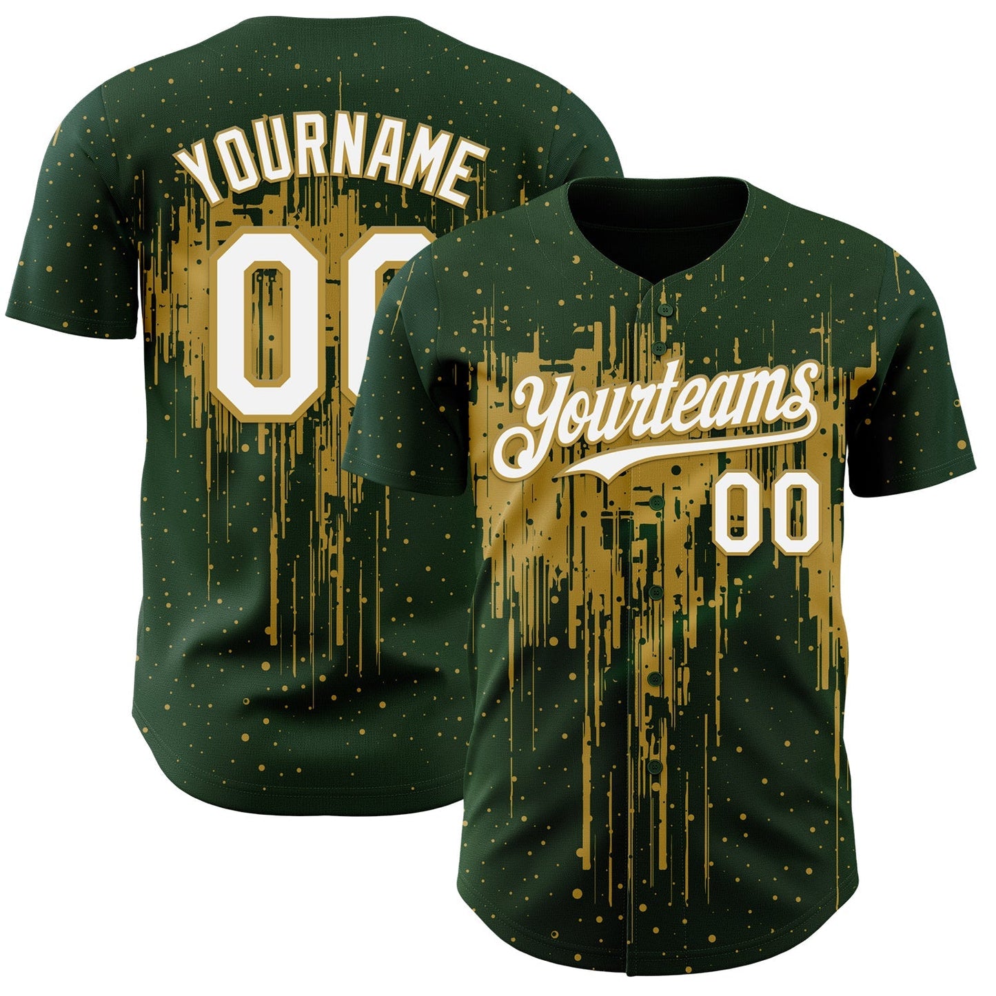 Custom Green White-Old Gold Dripping Splatter Paint Authentic Baseball Jersey baseball jersey product view 1