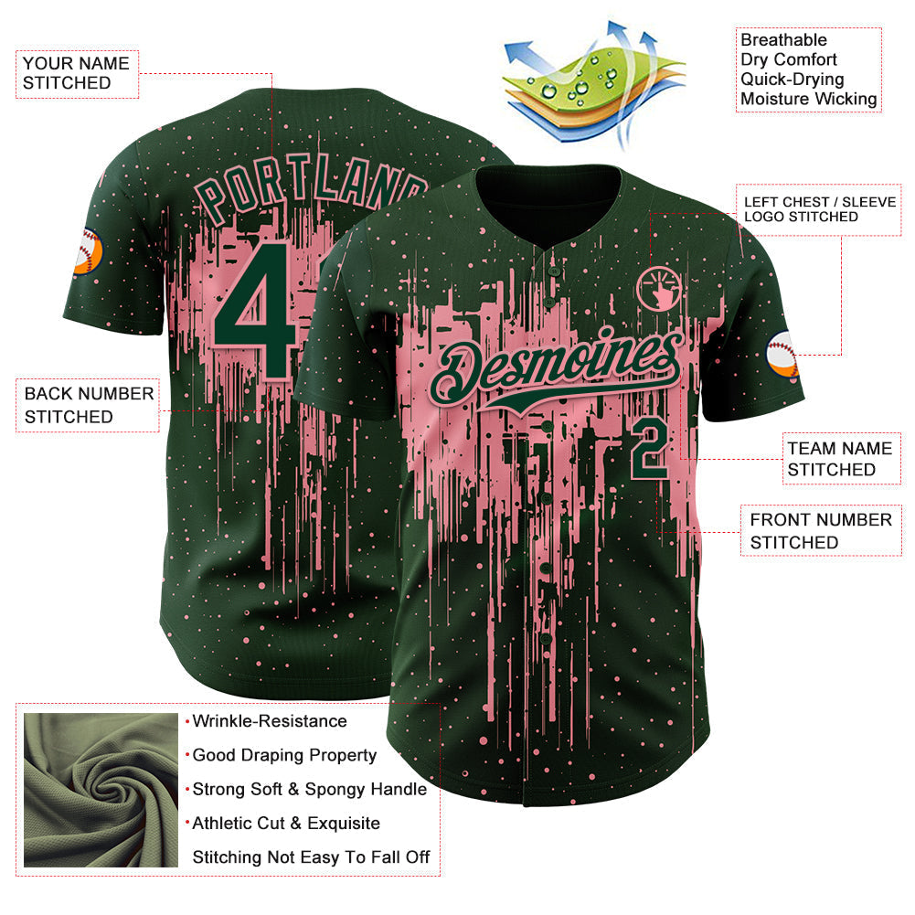 Custom Green Medium Pink Dripping Splatter Paint Authentic Baseball Jersey baseball jersey product view 3