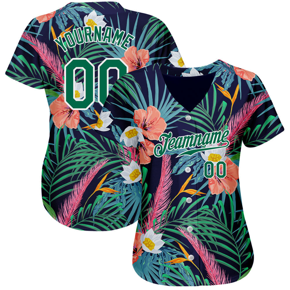 Custom Black Kelly Green-White 3D Pattern Design Hawaii Palm Leaves And Flowers Authentic Baseball Jersey baseball jersey product view 2