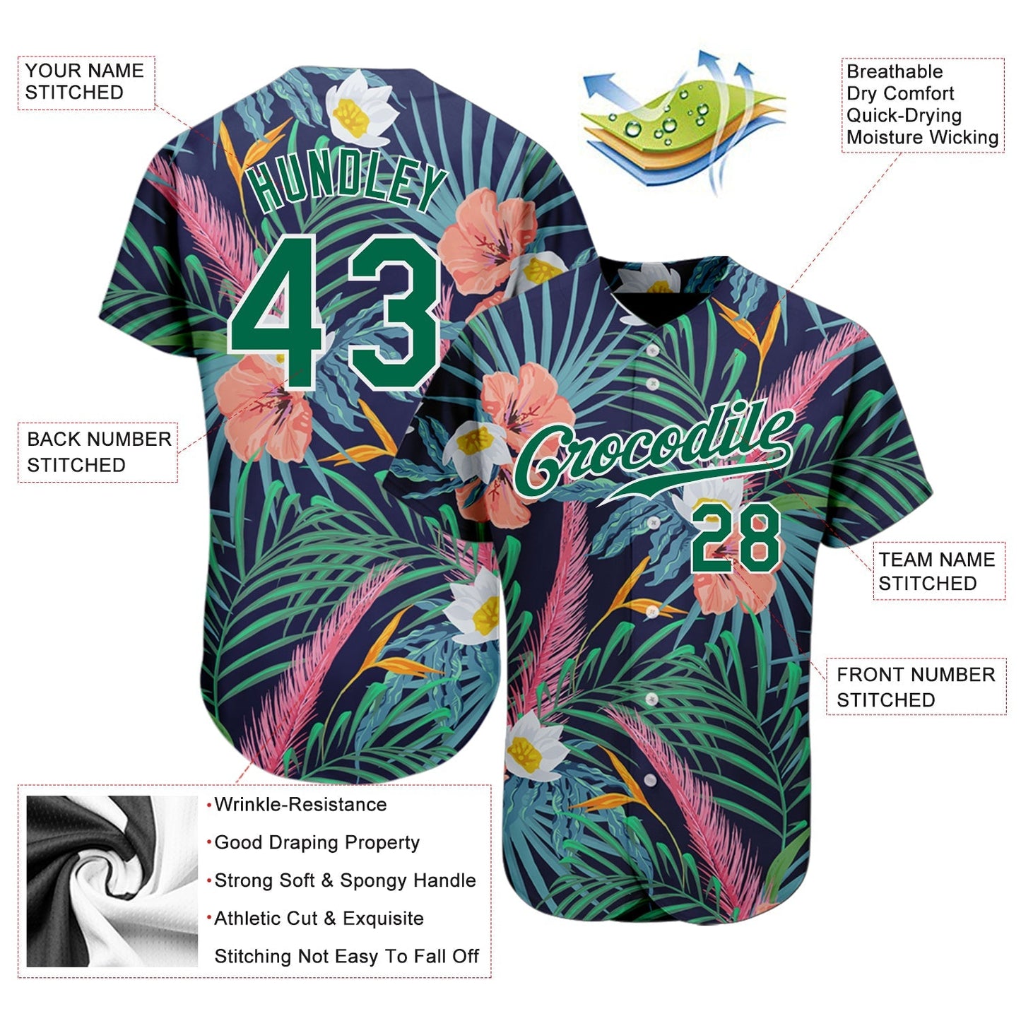 Custom Black Kelly Green-White 3D Pattern Design Hawaii Palm Leaves And Flowers Authentic Baseball Jersey baseball jersey product view 3