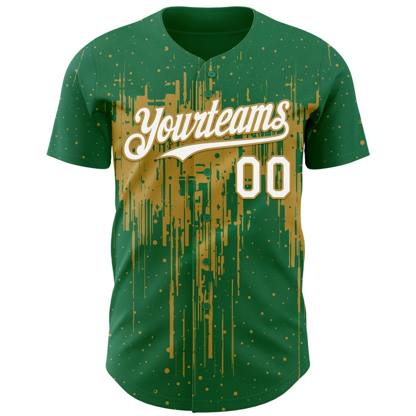 Custom Kelly Green White-Old Gold Dripping Splatter Paint Authentic Baseball Jersey baseball jersey product view 2