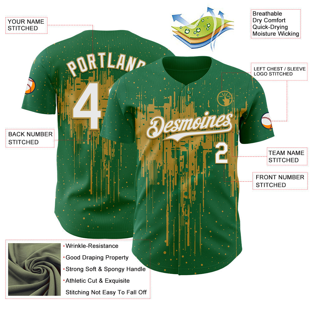 Custom Kelly Green White-Old Gold Dripping Splatter Paint Authentic Baseball Jersey baseball jersey product view 3