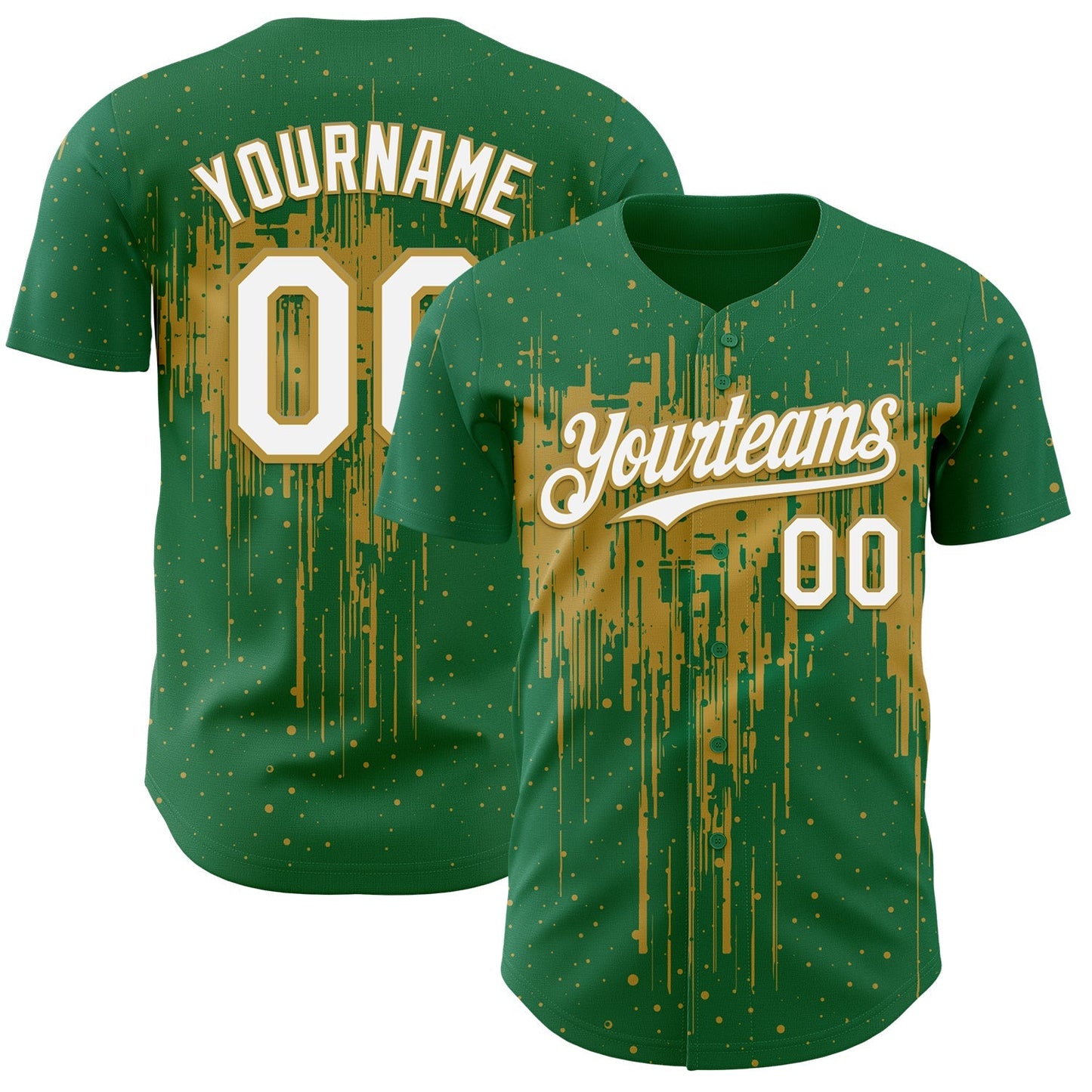 Custom Kelly Green White-Old Gold Dripping Splatter Paint Authentic Baseball Jersey baseball jersey product view 1
