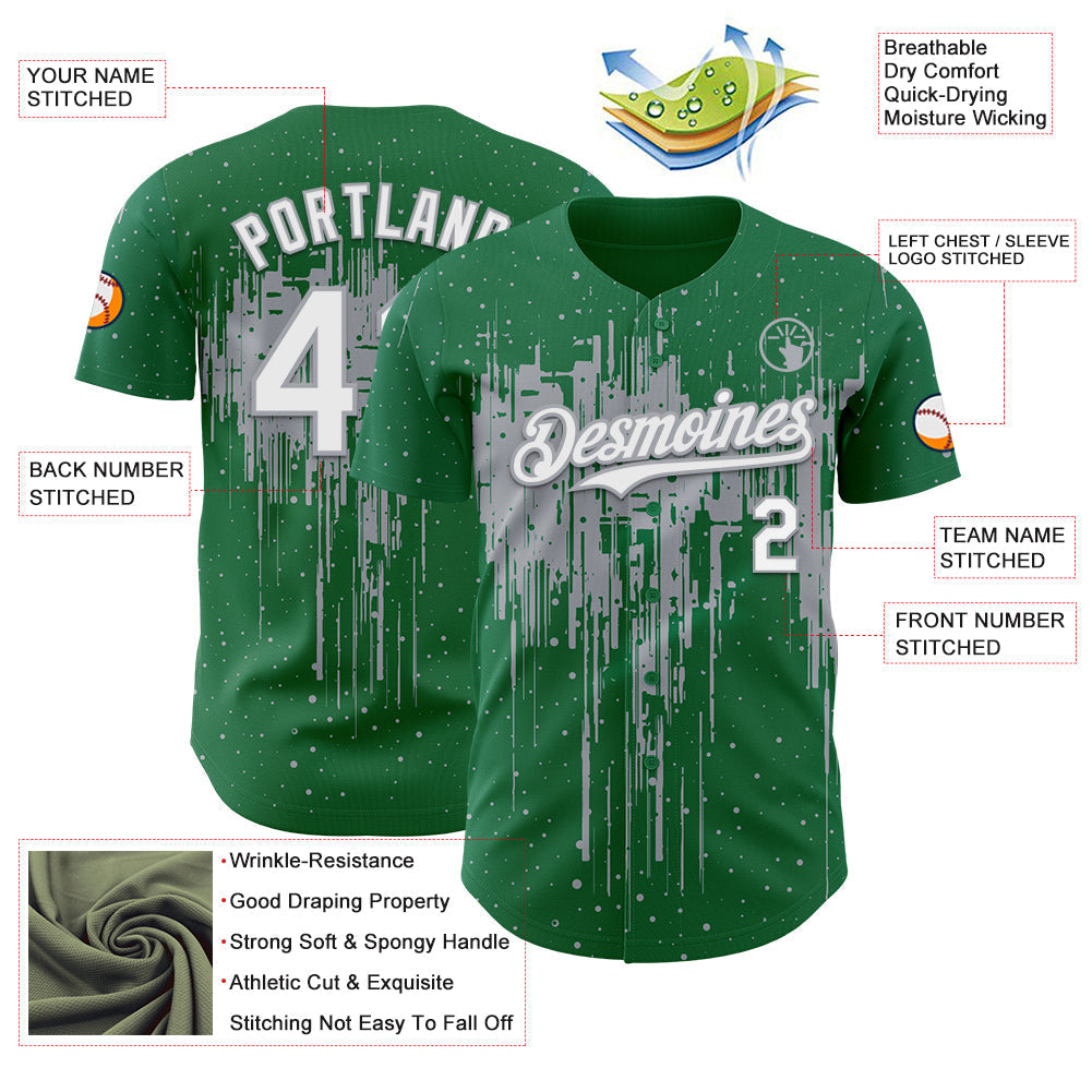 Custom Kelly Green White-Gray Dripping Splatter Paint Authentic Baseball Jersey baseball jersey product view 3