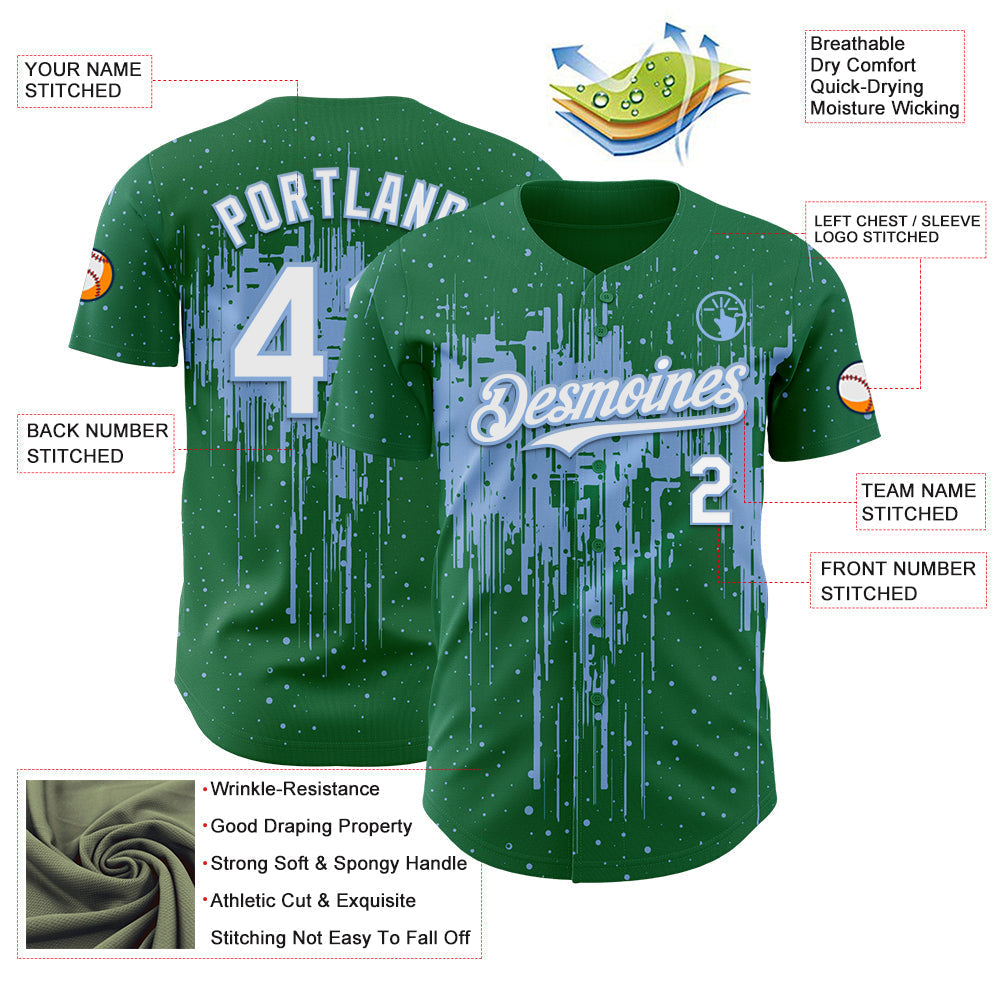 Custom Kelly Green White-Light Blue Dripping Splatter Paint Authentic Baseball Jersey baseball jersey product view 3